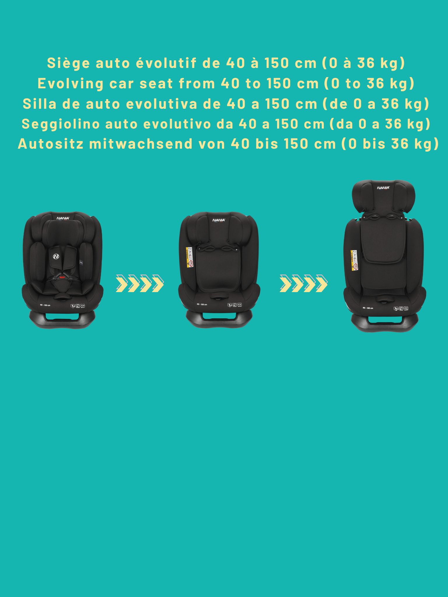Nania Siège auto enfant Prato - I-Size 40-150 cm - Evolutif naissance jusqu'à 12 ans environ - Fixations ceinture de sécurité- Réglage de l'Appui-tête et de l'Inclinaison, Insert Lombaire et Réducteur