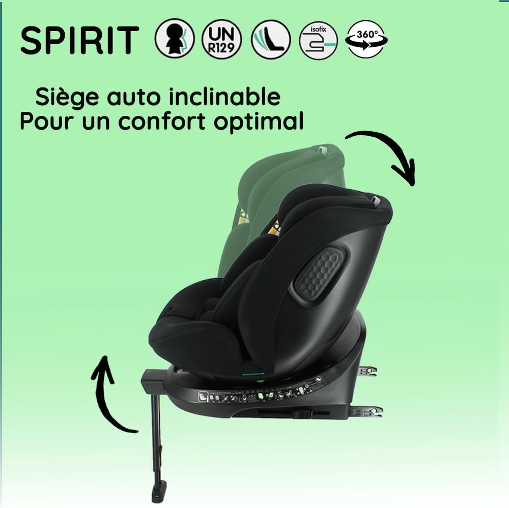 Siège auto SPIRIT ZY pivotant 360° - I-Size 40-150 cm - Evolutif  naissance jusqu'à 12 ans environ - Fixations isofix + jambe de force