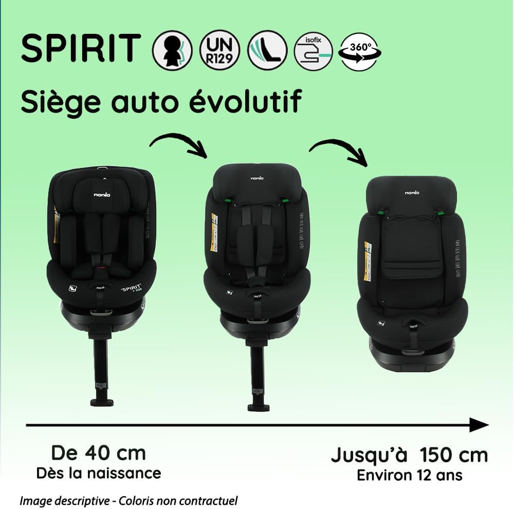 Siège auto SPIRIT ZY pivotant 360° - I-Size 40-150 cm - Evolutif  naissance jusqu'à 12 ans environ - Fixations isofix + jambe de force