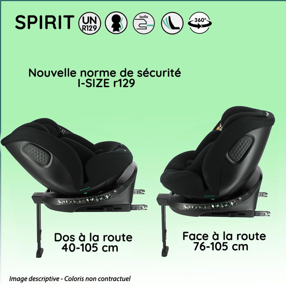 Siège auto SPIRIT ZY pivotant 360° - I-Size 40-150 cm - Evolutif  naissance jusqu'à 12 ans environ - Fixations isofix + jambe de force