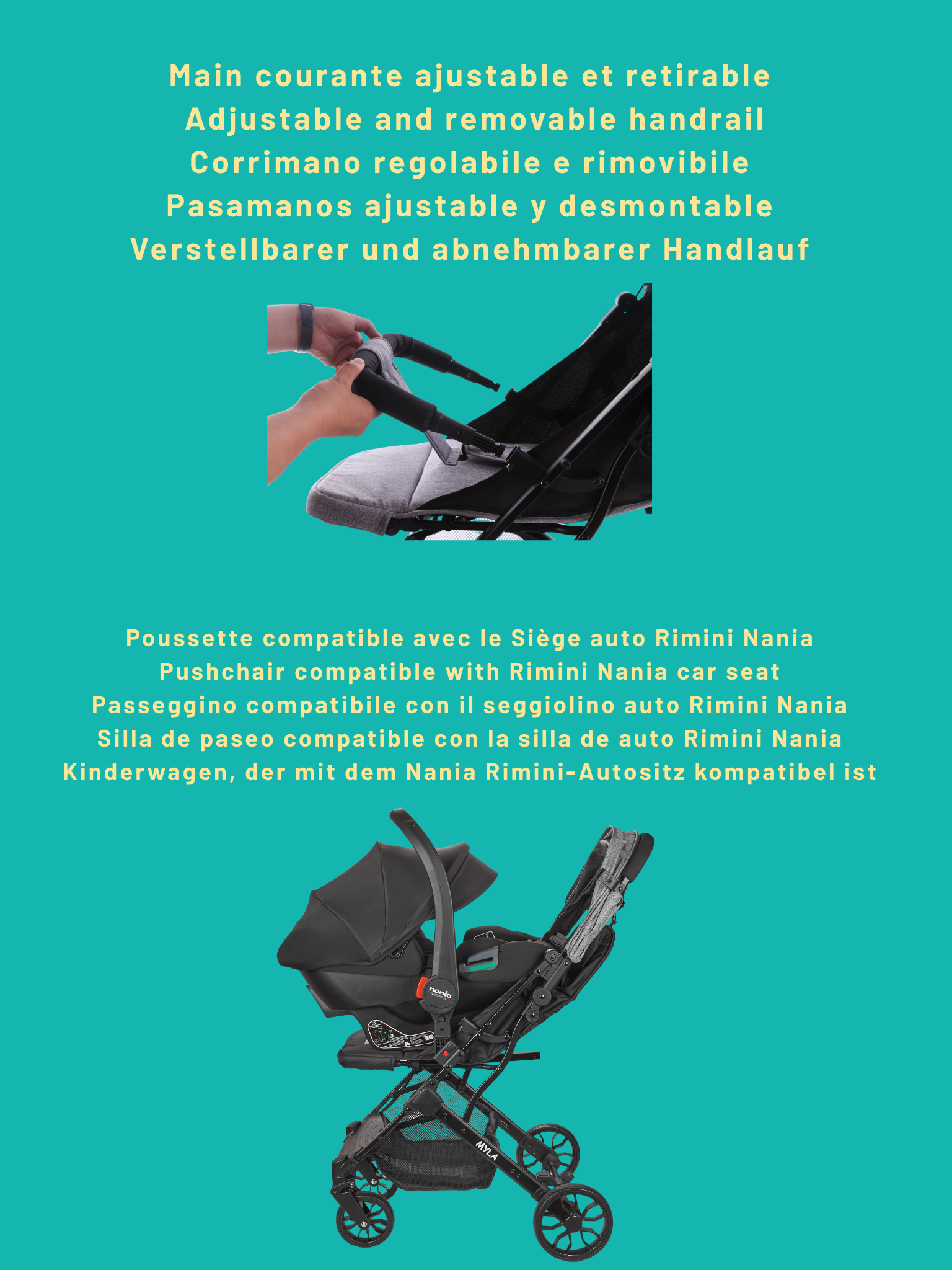 Nania Myla Poussette combinée 2 en 1 de 0 à 4 ans (22kg max) avec Siège auto Rimini Nania 40-87 cm - (0-13kg) + Base isofix-