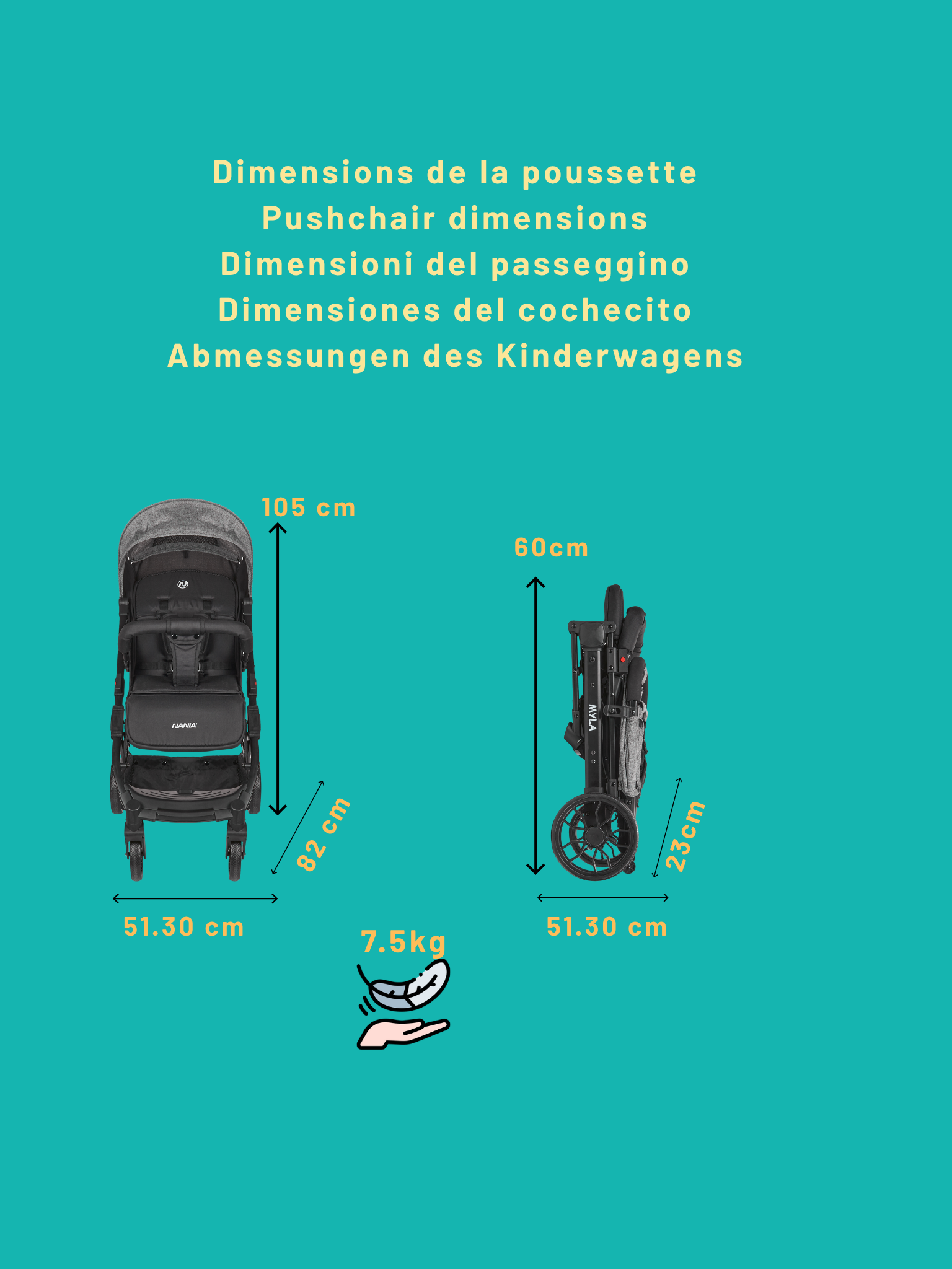 Nania Myla poussette canne compacte, 0 à 4 ans (22kg max), légère (7,5 kg)