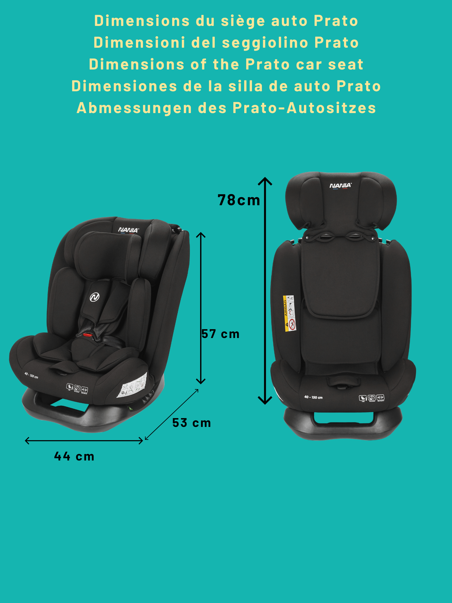 Nania Siège auto enfant Prato - I-Size 40-150 cm - Evolutif naissance jusqu'à 12 ans environ - Fixations ceinture de sécurité- Réglage de l'Appui-tête et de l'Inclinaison, Insert Lombaire et Réducteur