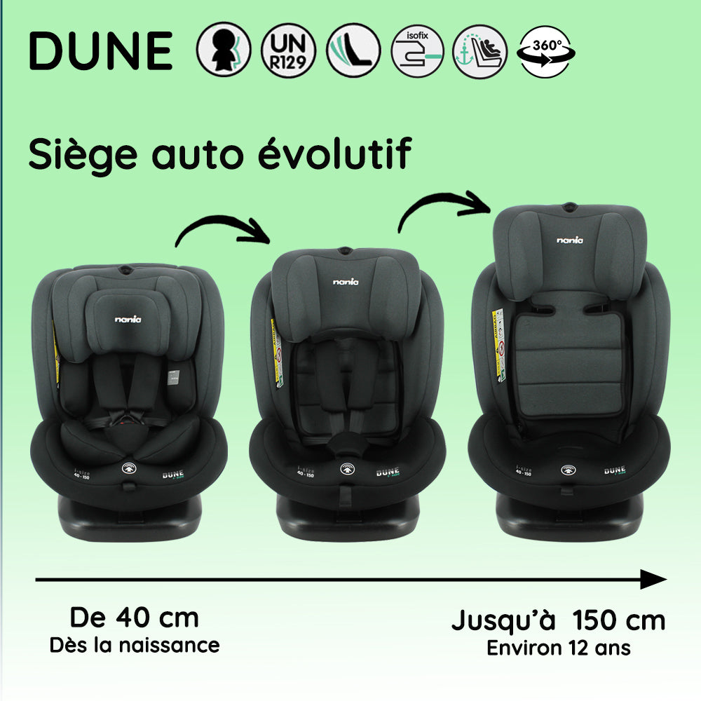 Seggiolino auto girevole Nania DUNE 360°, I-Size 40-150 cm - Adattabile dalla nascita fino a circa 12 anni - Attacchi Isofix 
