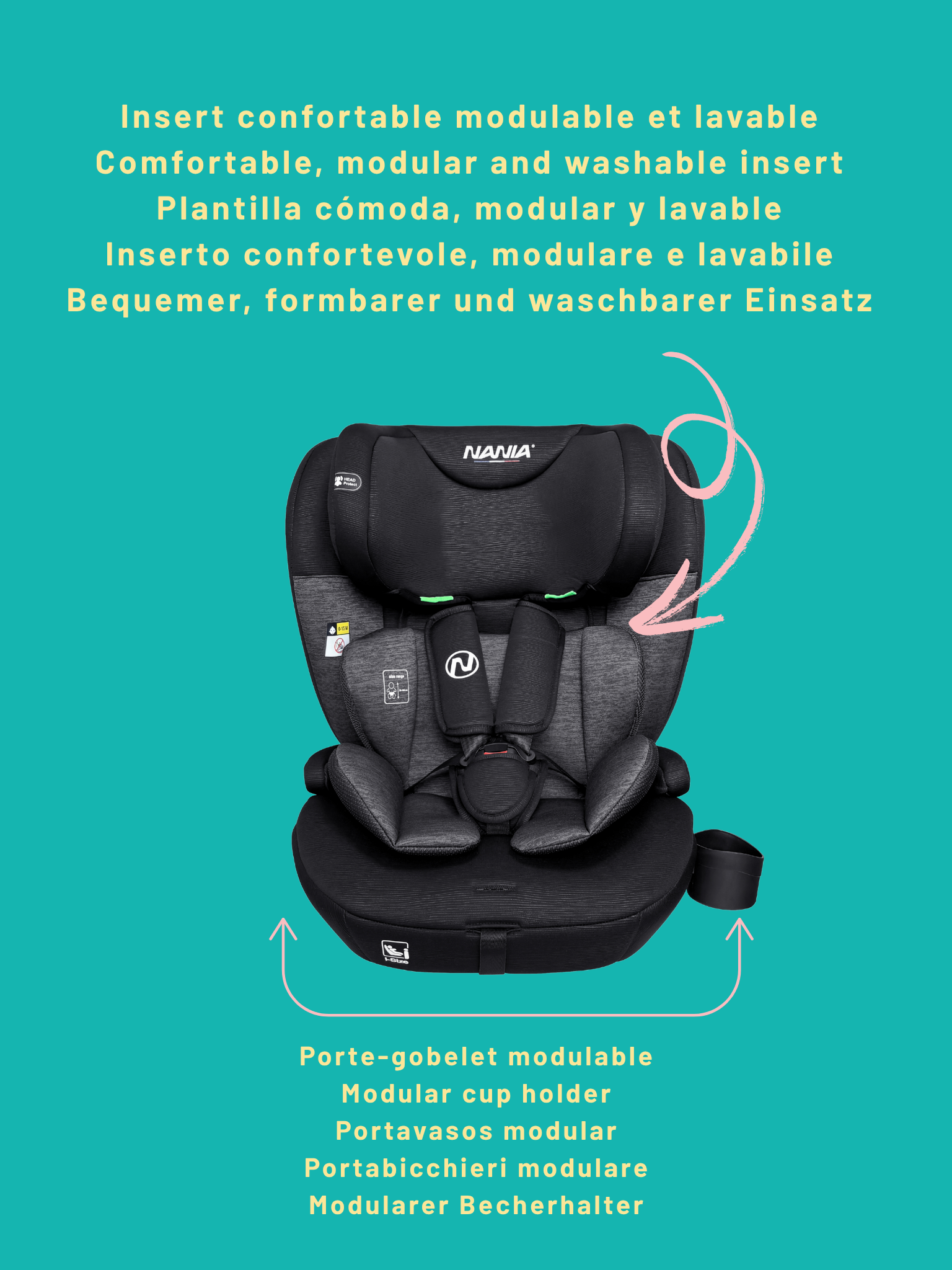 Nania Siège auto bébé ISOFIX Milano évolutif 76-150 cm -Têtière ajustable -Porte gobelet