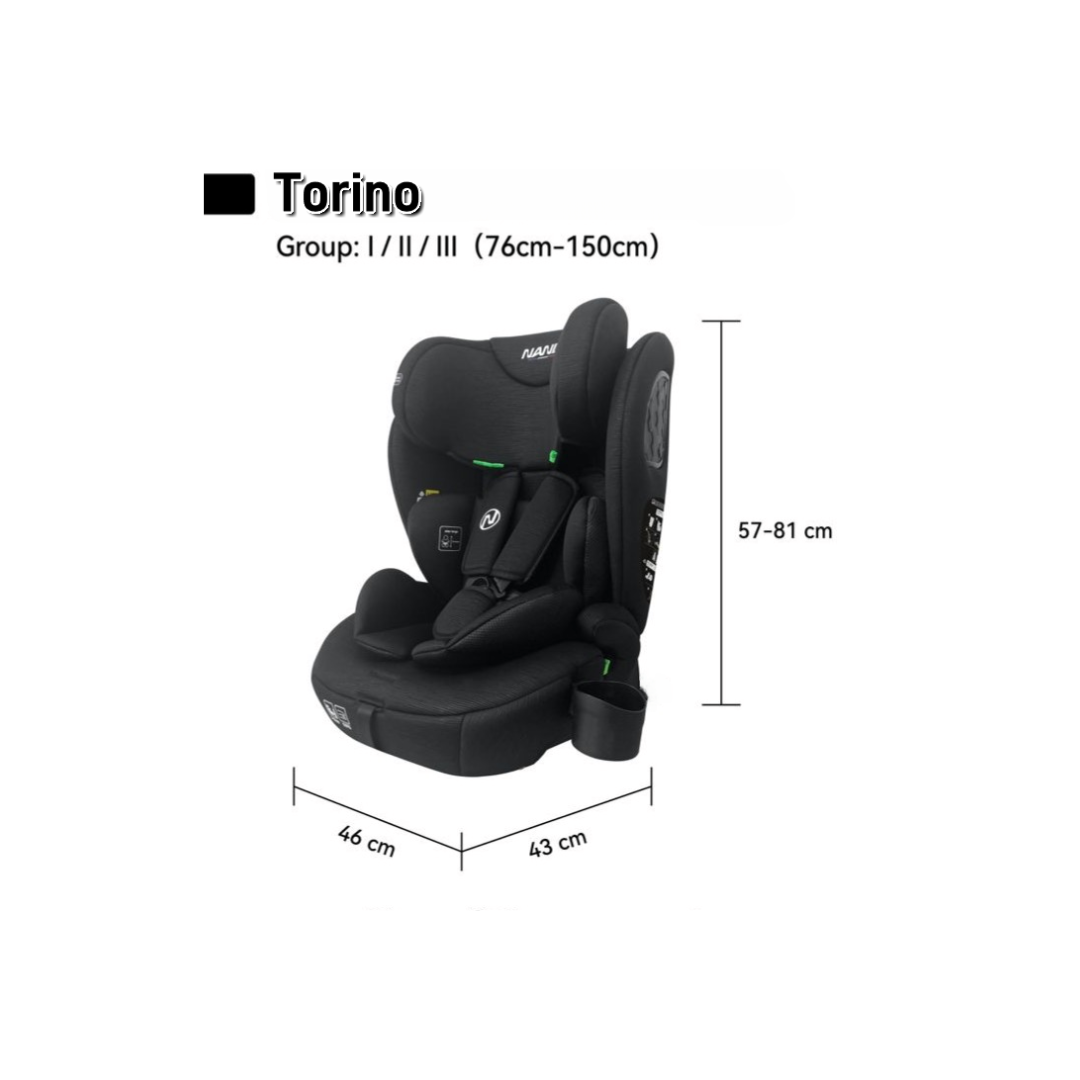 Seggiolino auto Nania Torino con cintura, convertibile (76-150 cm), poggiatesta regolabile e portabicchieri.
