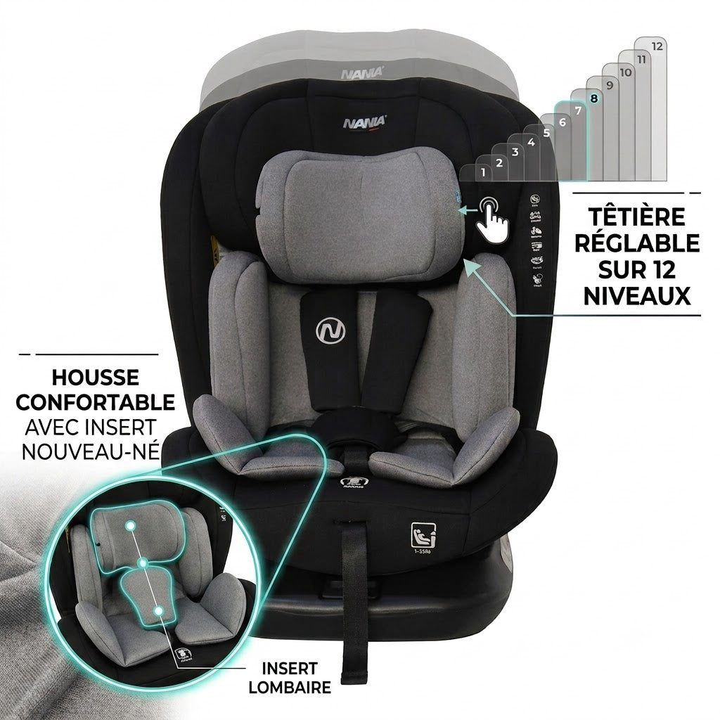 Nania Siège auto Como pivotant 360° Norme I-Size 40-150 cm Evolutif naissance à 12 ans environ - Fixations isofix